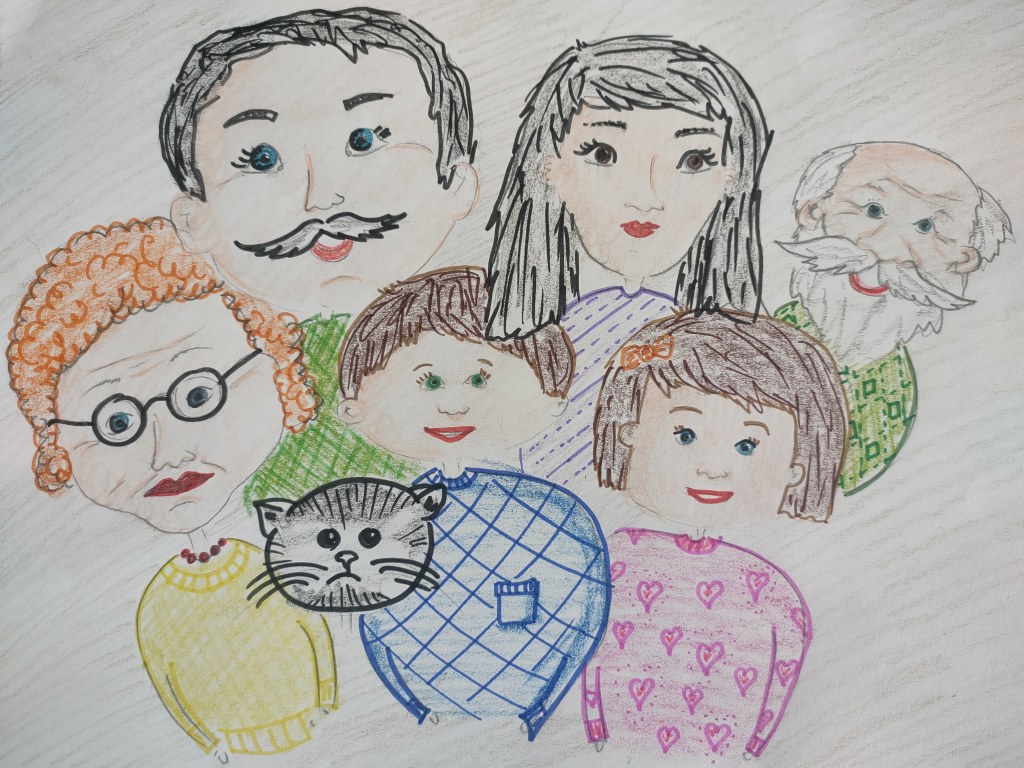 Kredką narysowany portret rodziny.