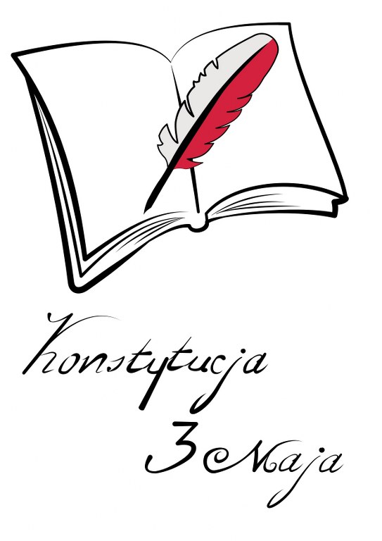 Praca uczennicy Zosi Sachajskiej z klasy VIIB - pióro ptaka w barwac narodowych na tle narysowanego zarysu książki, na dole odręczny podpis Konstytucja 3 Maja