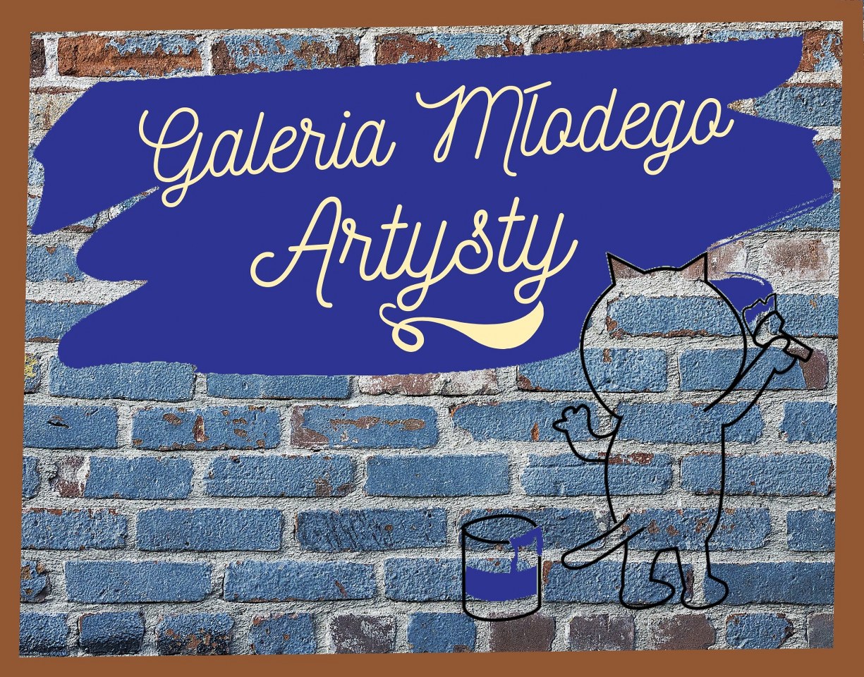 Obrazek przedstawiający logo Galerii Młodego Artysty - malujący kotek wraz z nazwą galerii