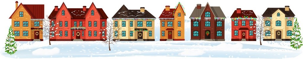 ilustracja prezentująca rząd domów w trakcie zimy