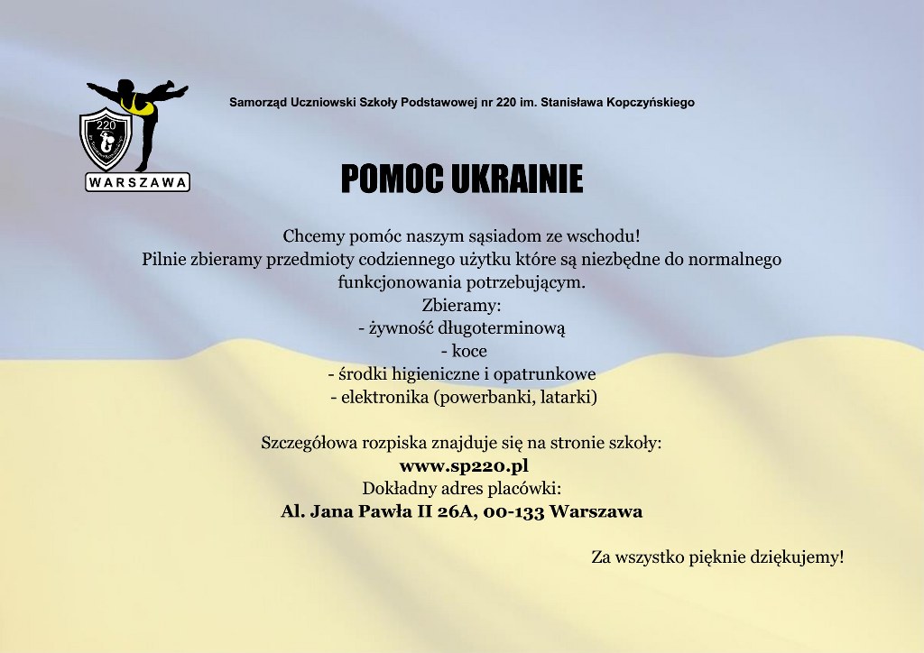 Plakat Samorządu Uczniowskiego informujący o zbiórce. Tekst napisany na tle flagi Ukrainy.