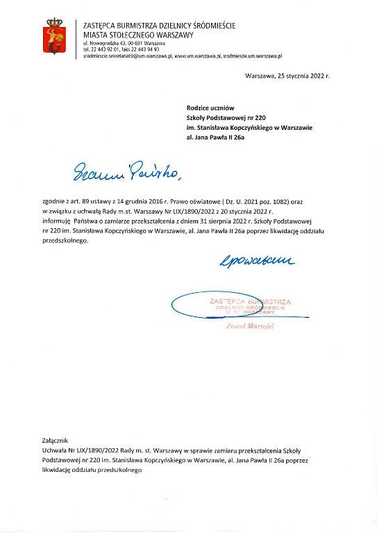 List Urzędu Miasta Stołecznego Warszawy informujący o decyzji podjętej przez Radę Miasta a dotyczącej zlikwidowania oddziału przedszkolnego w naszej szkole.