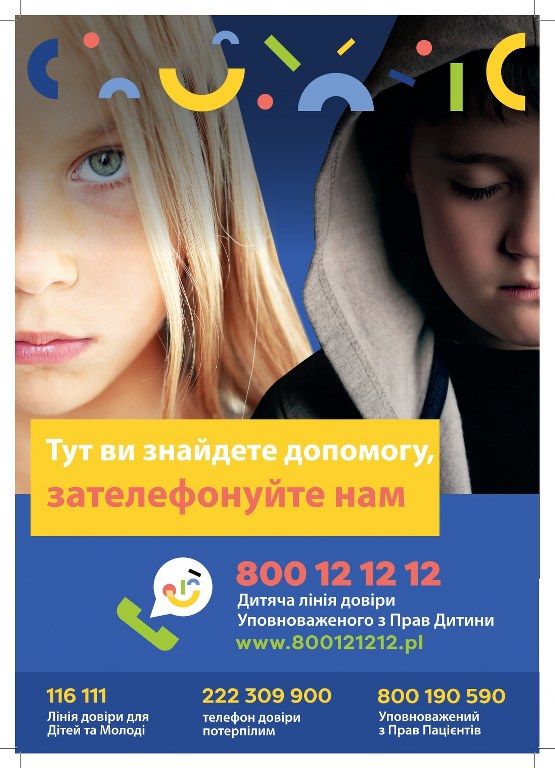 plakat w języku ukraińskim informujący o telefonie zaufania  dla dzieci - 800121212 - akcja Rzecznika Praw Dziecka
