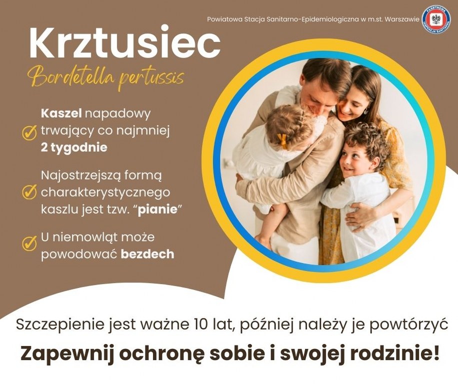 Plakat informujący o chorobie wirusowej - krztusiec: kaszel napadowy trwający co najmniej dwa tygodnie, najostrzejszą formą charakterystycznego kaszlu jest tzw. "pianie", u niemowląt może powodować bezdech, szczepienie jest ważne 10 lat, później nalezy je powtórzyć!