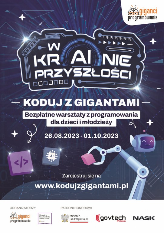 Plakat promujący bezpłatne warsztaty Koduj z Gigantami - informacje na plakacie zawarte są w artykule