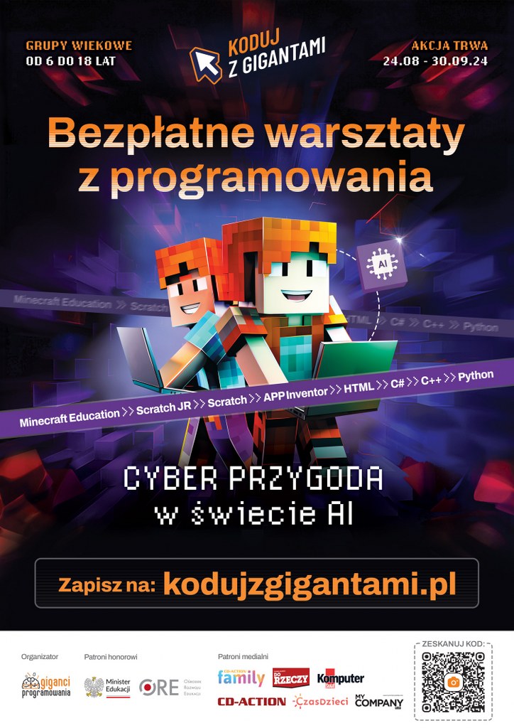 Koduj z Gigantami 2024 plakat promujący 15 edycję pod hasłem  „Cyber Przygoda w świecie AI” - na ciemnym tle dwie postaci z .Minecraft