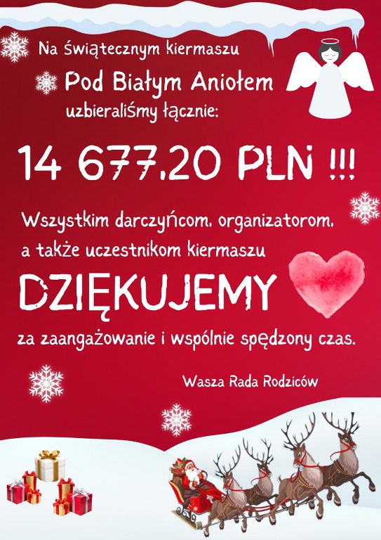 Na czerwonym tle zaspa śnieżna, na niej  Święty Mikołaj w saniach zaprzęgnietych w renifery oraz tekst: Na świątecznym kiermaszu Pod Białym Aniołem zebraliśmy łacznie 14 677,20 pln!!!  Wszystkim darczyńcom, organizatorom i uczestnikom kiermaszu bardzo dziękujemy za zaangażowanie i wspólnie spędzony czas  - Wasza Rada Rodziców