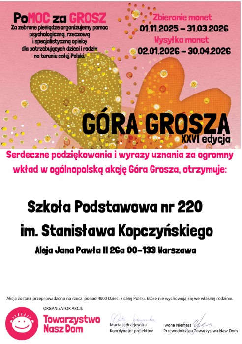 Podziękowanie dla Szkoły Podstawowej nr 220 za udział w&nbsp;26 edycji akcji Góra Grosza