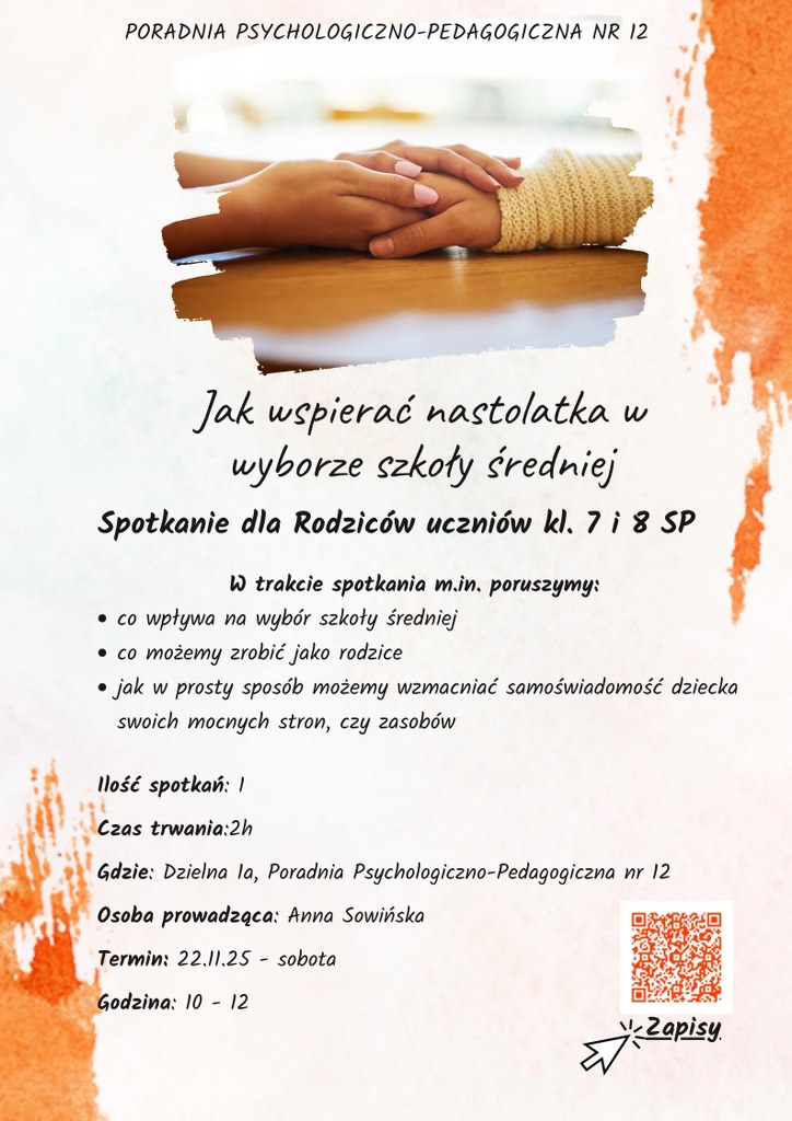 Plakat informujący o&nbsp;spotkaniu dla Rodziców uczniów klas 7 i&nbsp;8 szkoły podstawowej - informacje na plakacie są zawarte w&nbsp;artykule