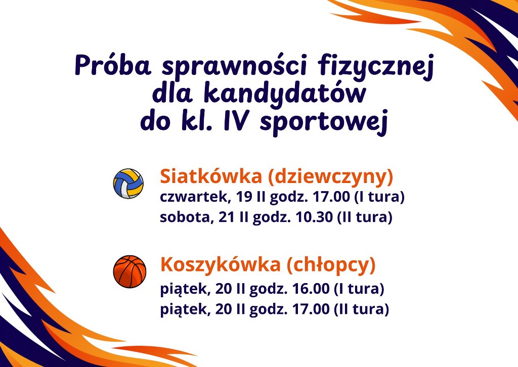 Plakat informujący o&nbsp;próbie sprawności fizycznej  dla kandydatów do klasy 4 sportowej - informacje zawarte są w&nbsp;artykule