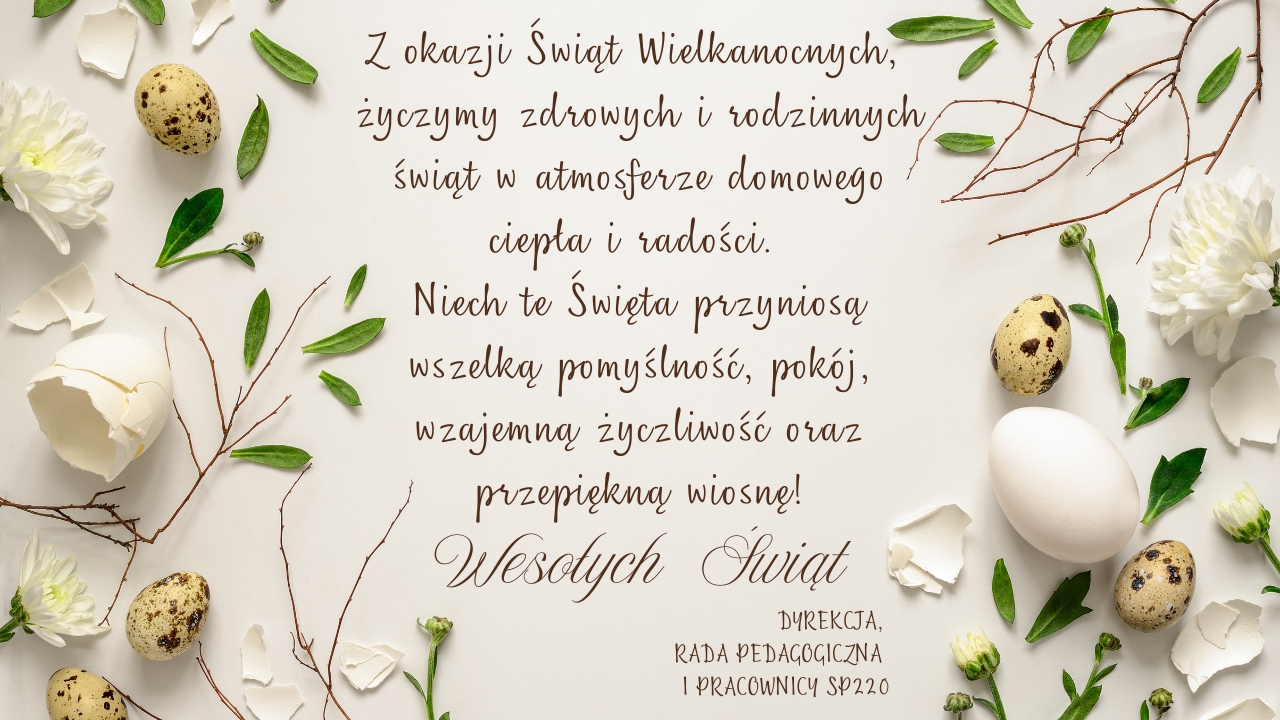 Na jasnym tle jajka, pisanki gąłzk oraz życzenia: Z okazji Świąt Wielkanocnych, życzymy zdrowych i rodzinnych świąt w atmosferze domowego ciepła i radości. Niech te Święta przyniosą wszelką pomyślność, pokój, wzajemną życzliwość oraz przepiękną wiosnę!