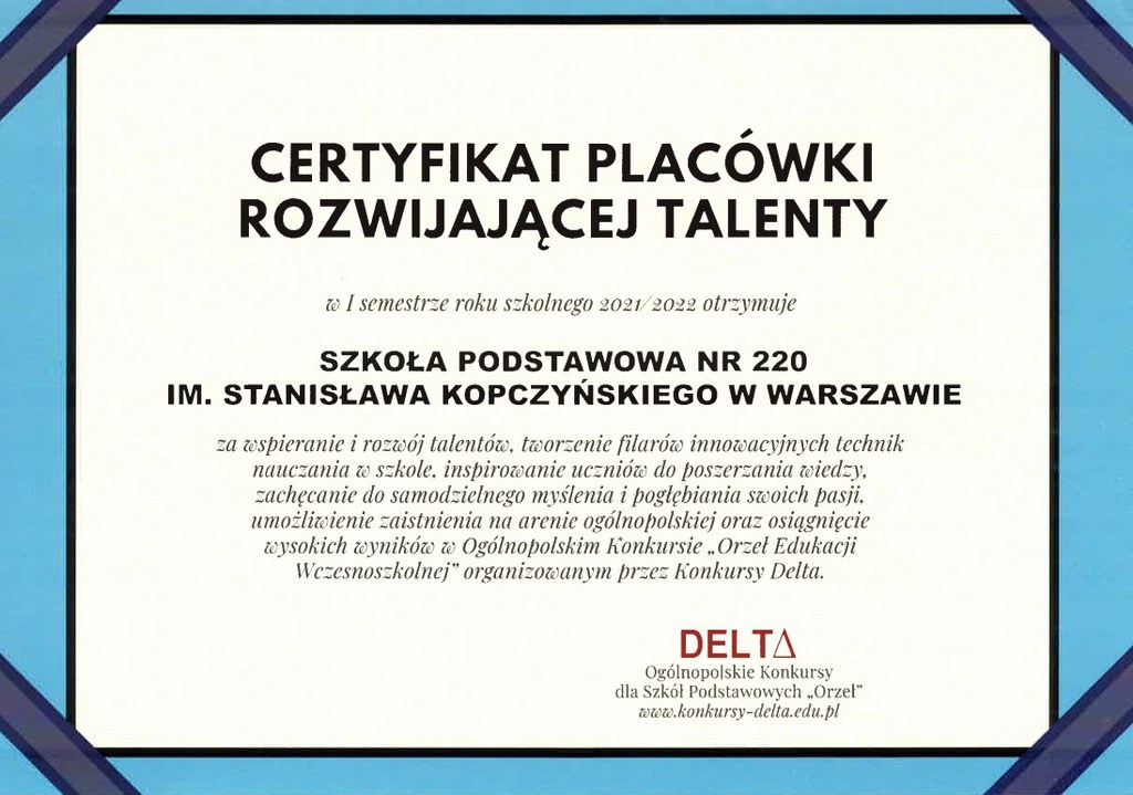 Certyfikat Placówki Rozwijającej Talenty - Certyfikat Delty